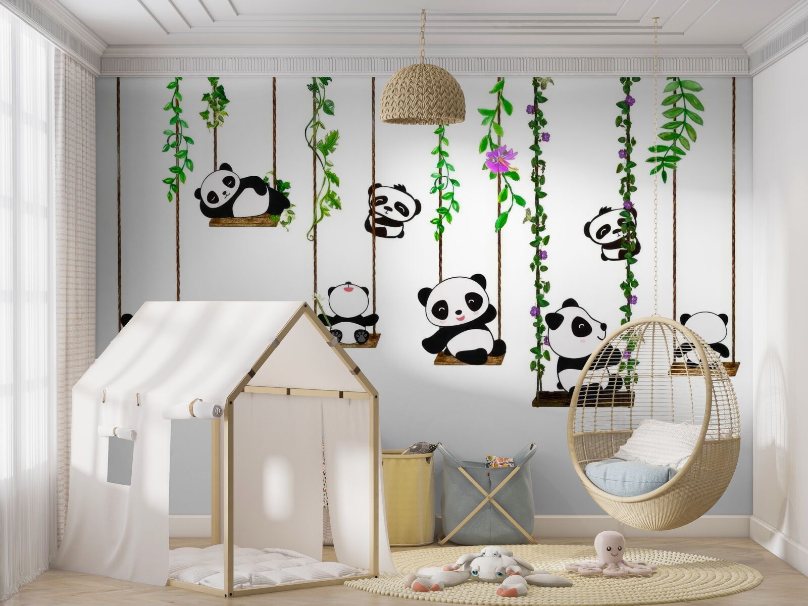 Carta da parati altalene verdi panda felici