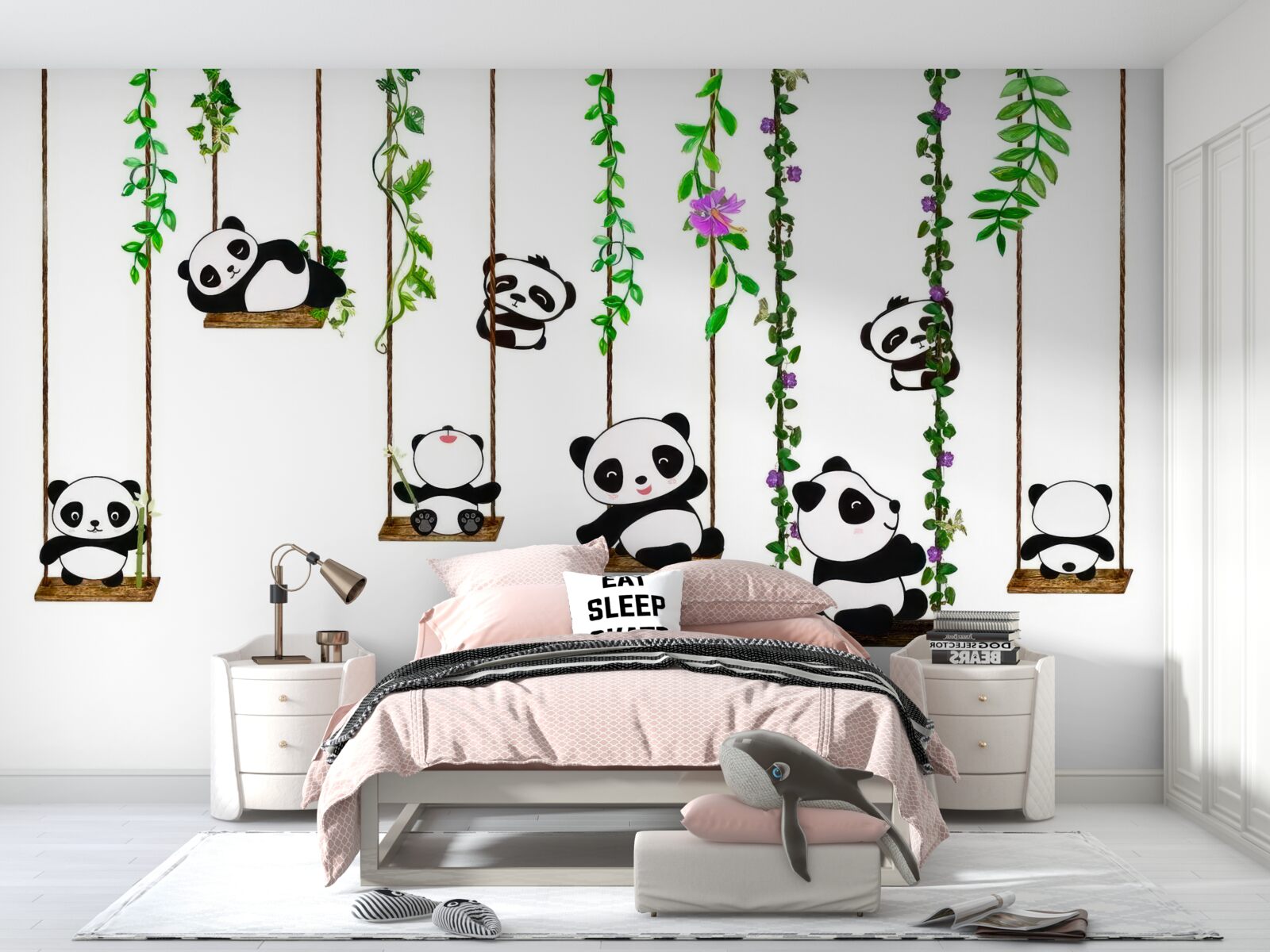 Carta da parati altalene verdi panda felici