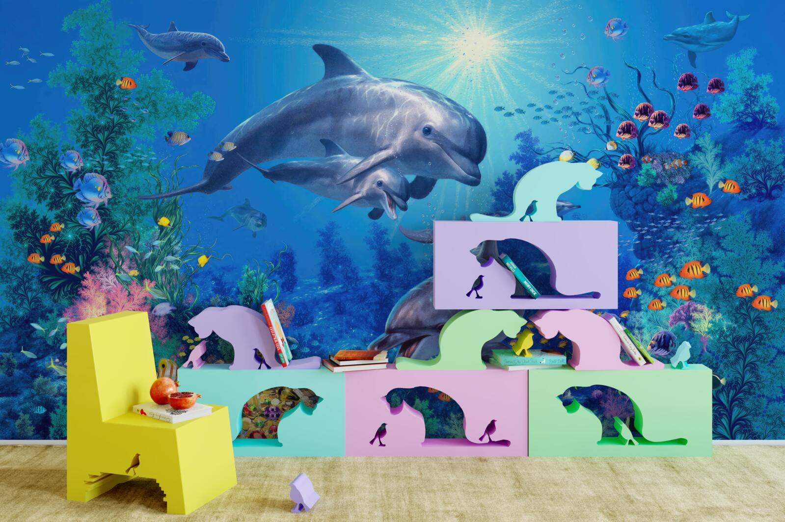Carta da parati gruppo di delfini in un ambiente subacqueo