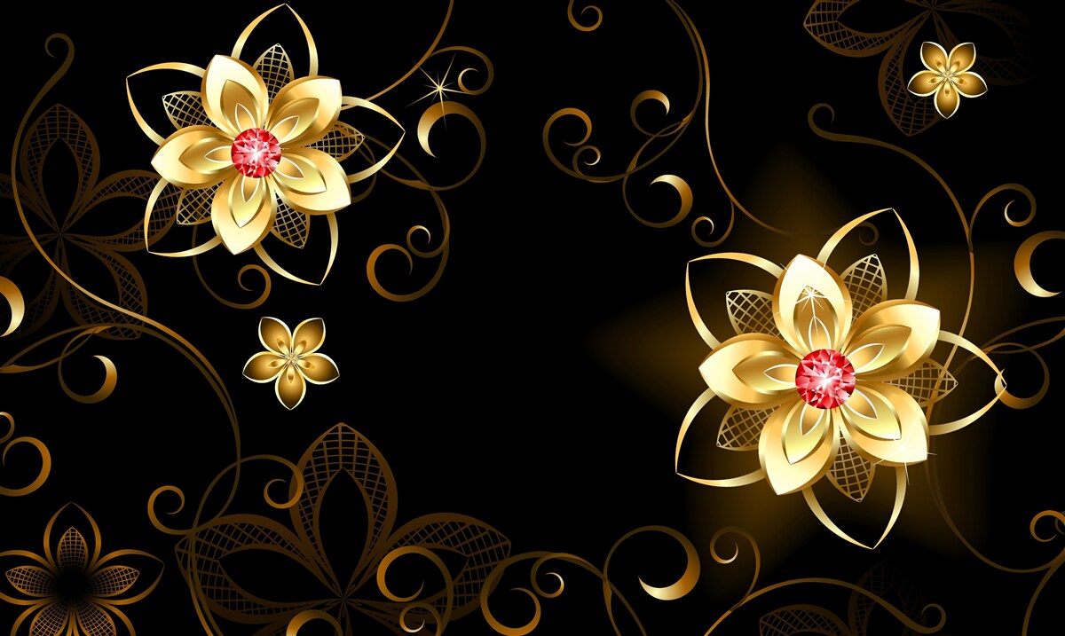 Carta da parati fiori d'oro su sfondo nero