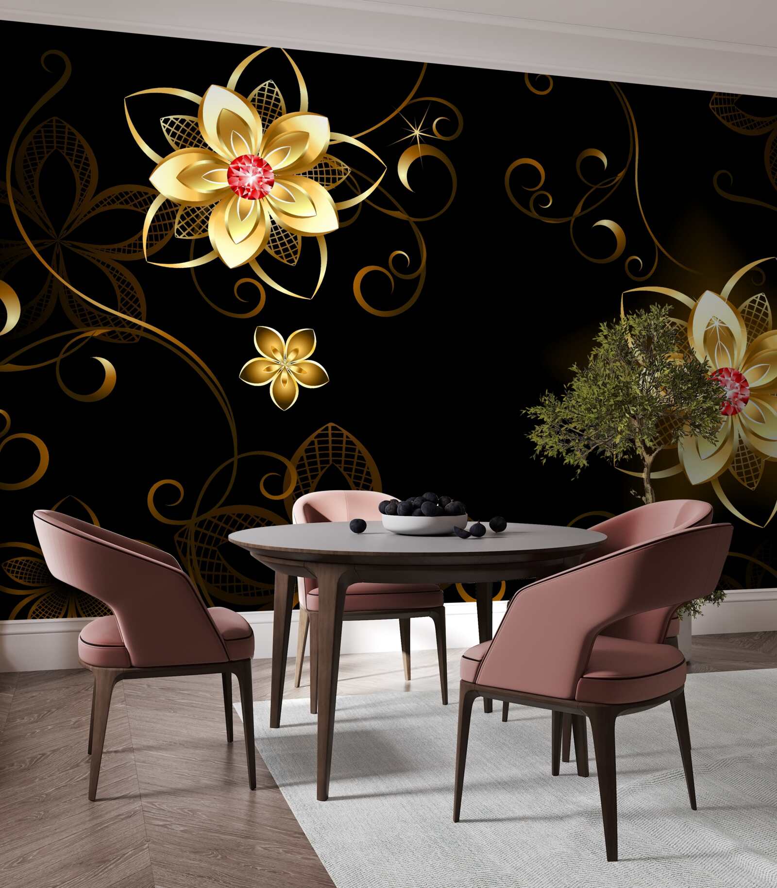Carta da parati fiori d'oro su sfondo nero