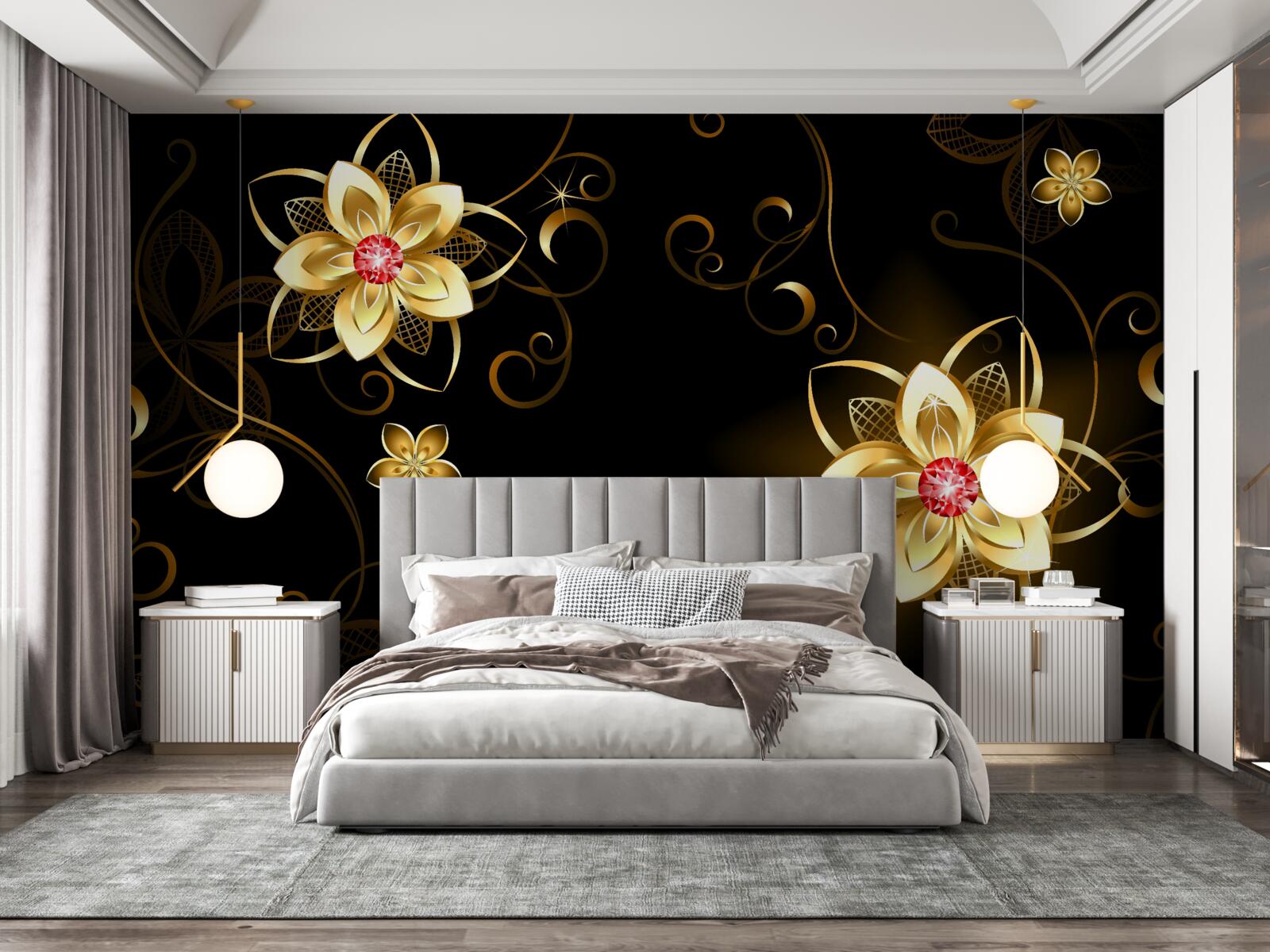 Carta da parati fiori d'oro su sfondo nero