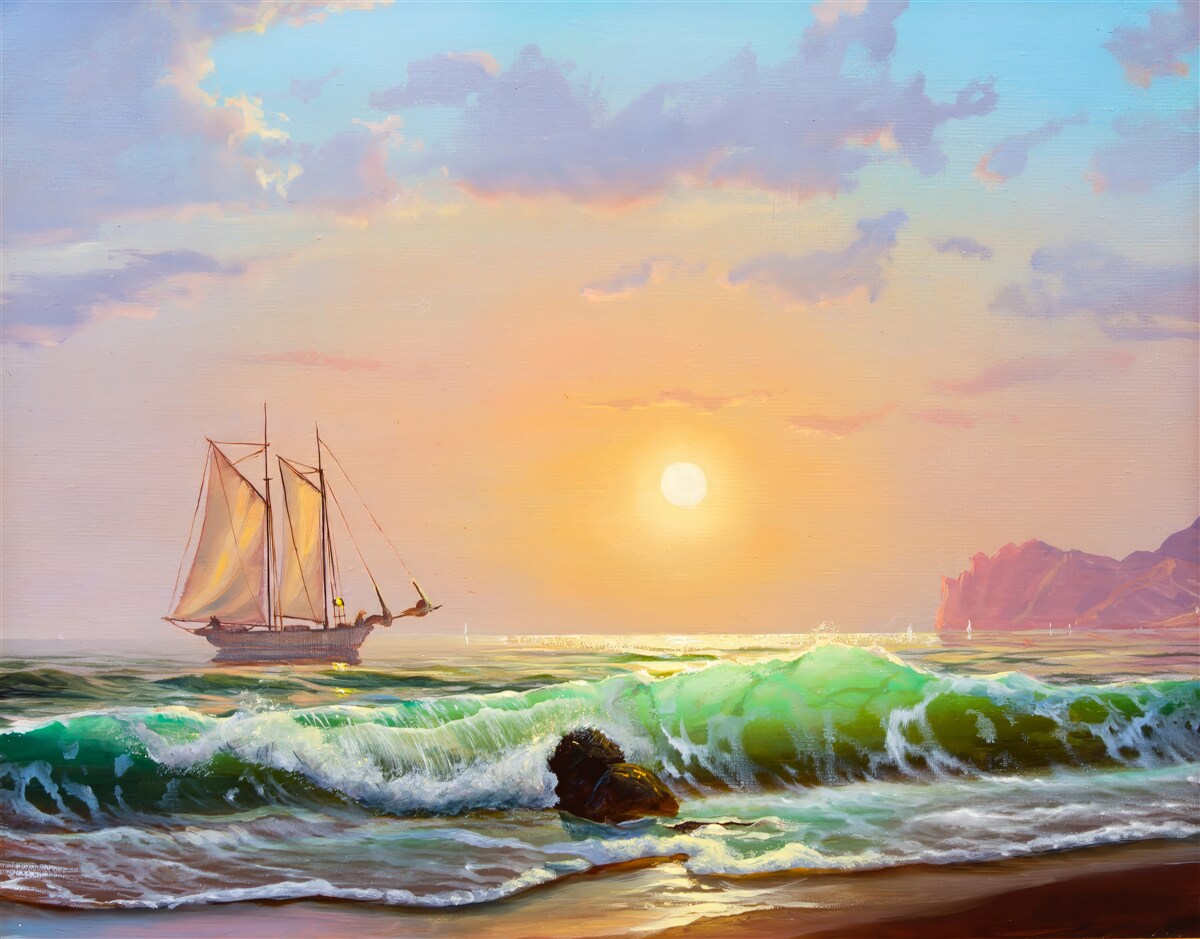 Carta da parati la nave naviga sullo sfondo del tramonto