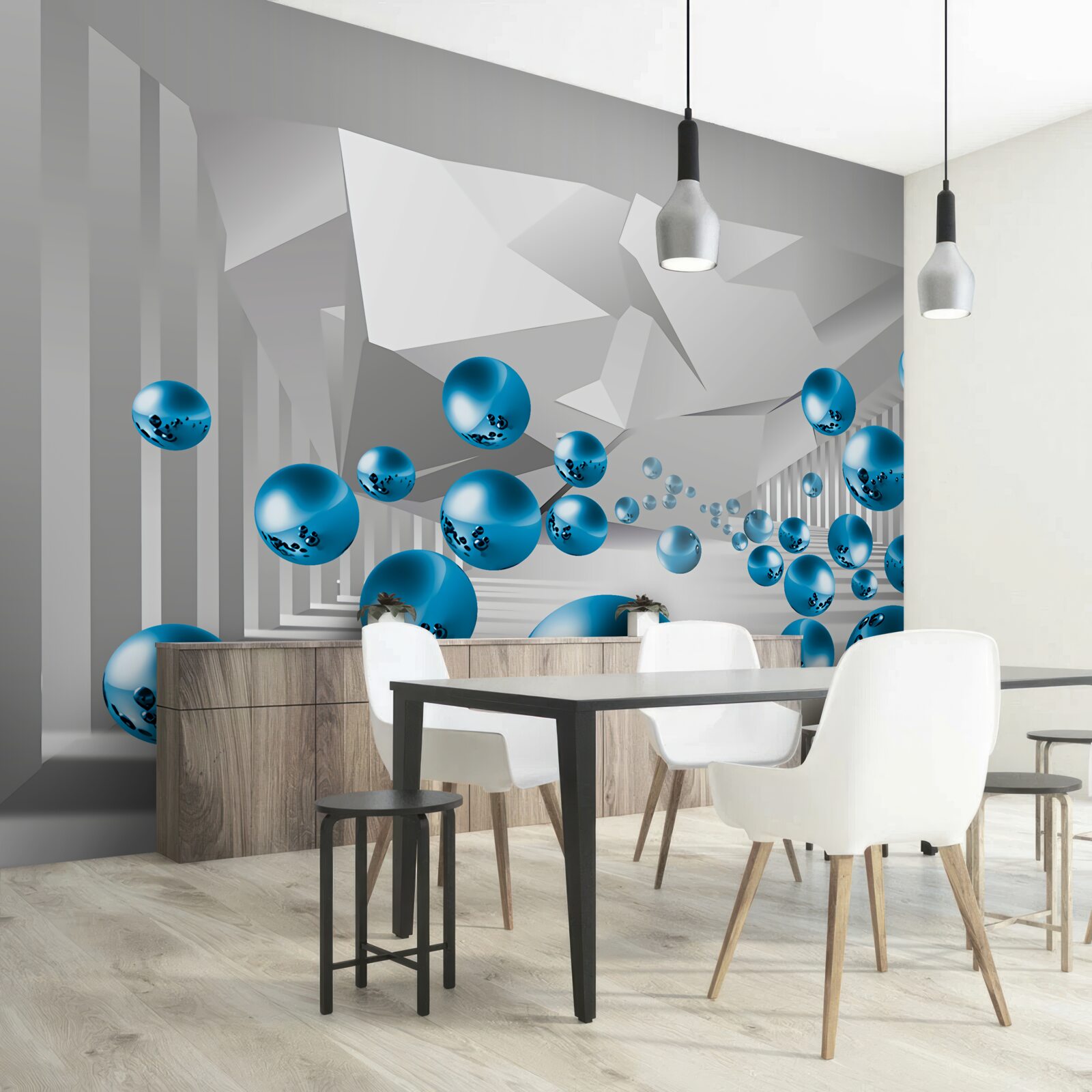 Carta da parati palline blu volumetriche nel corridoio