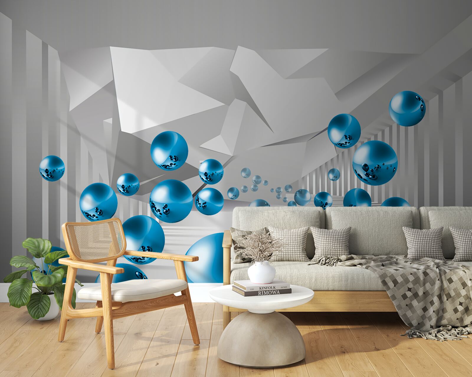Carta da parati palline blu volumetriche nel corridoio