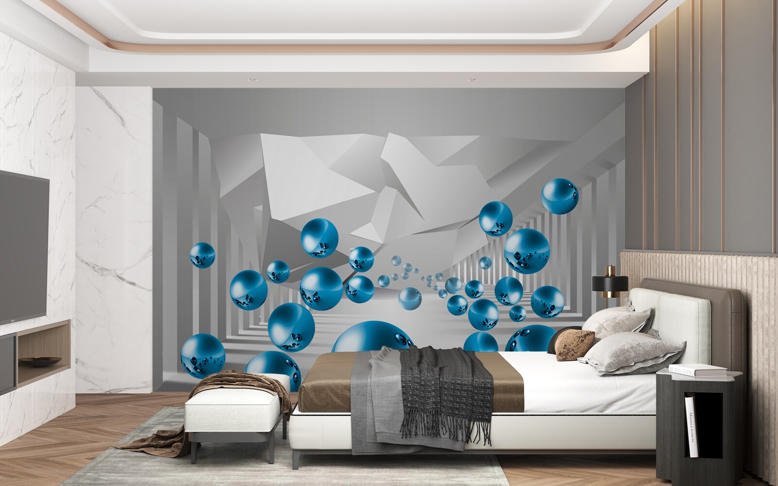 Carta da parati palline blu volumetriche nel corridoio
