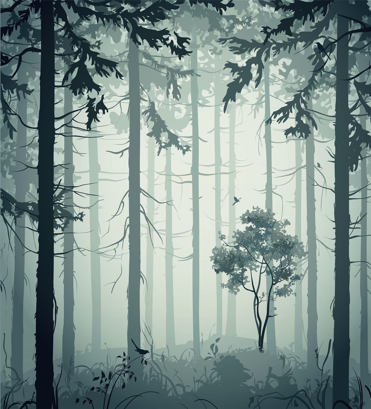 Carta da parati foresta avvolta da una misteriosa nebbia