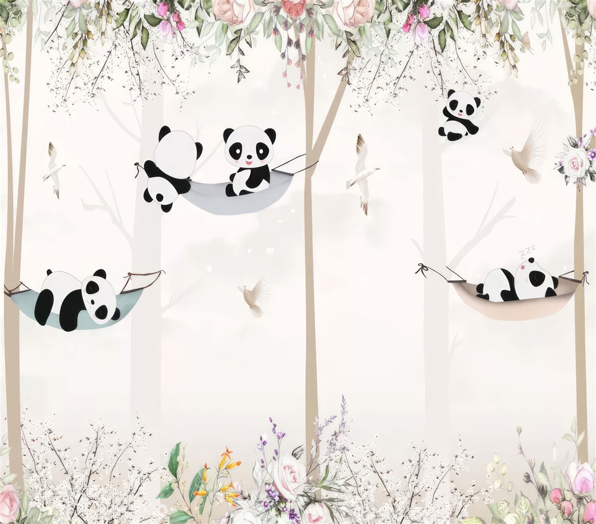 Carta da parati simpatici panda su letti sospesi