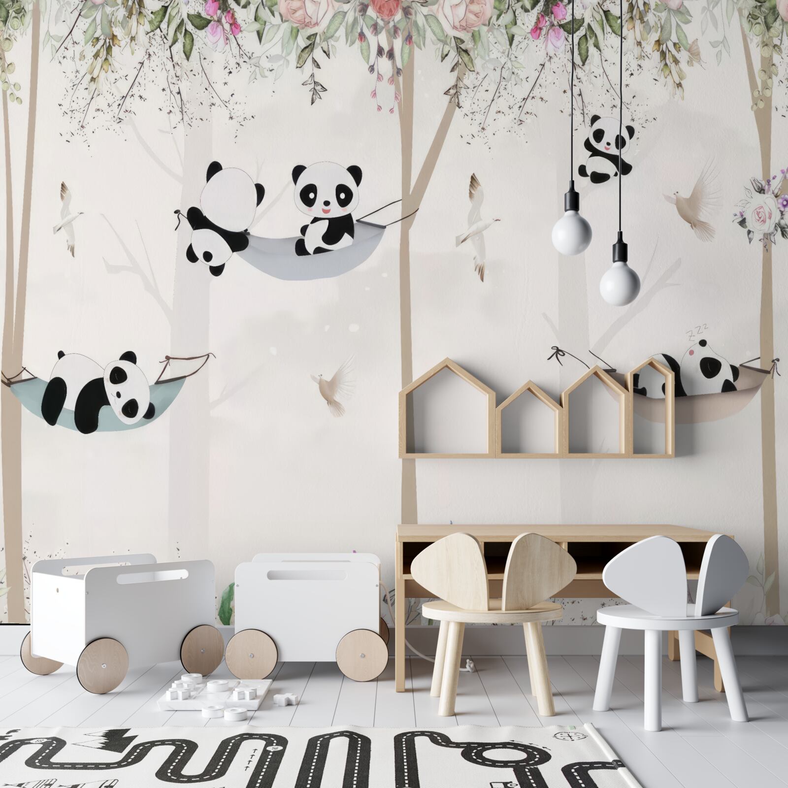 Carta da parati simpatici panda su letti sospesi