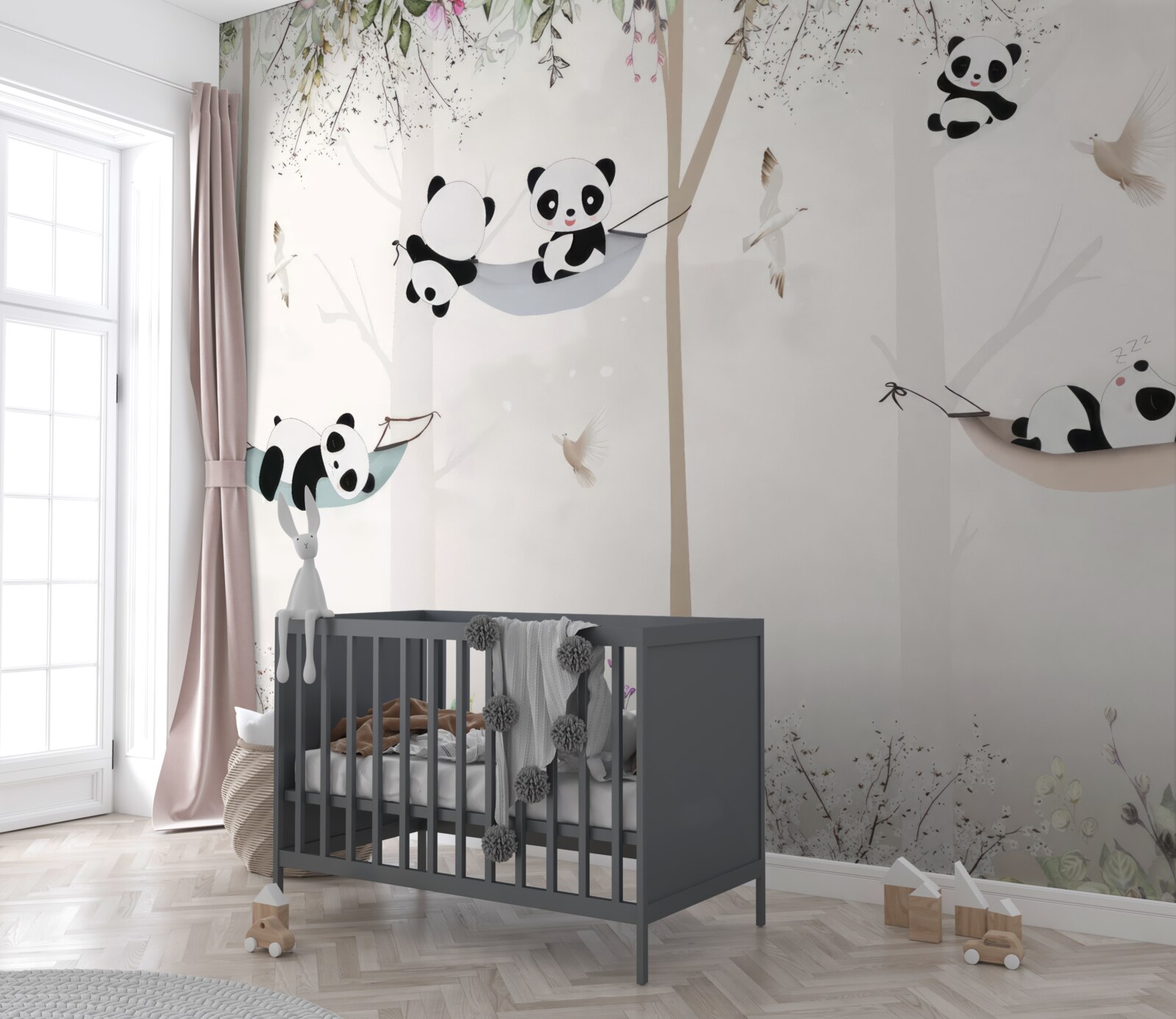 Carta da parati simpatici panda su letti sospesi