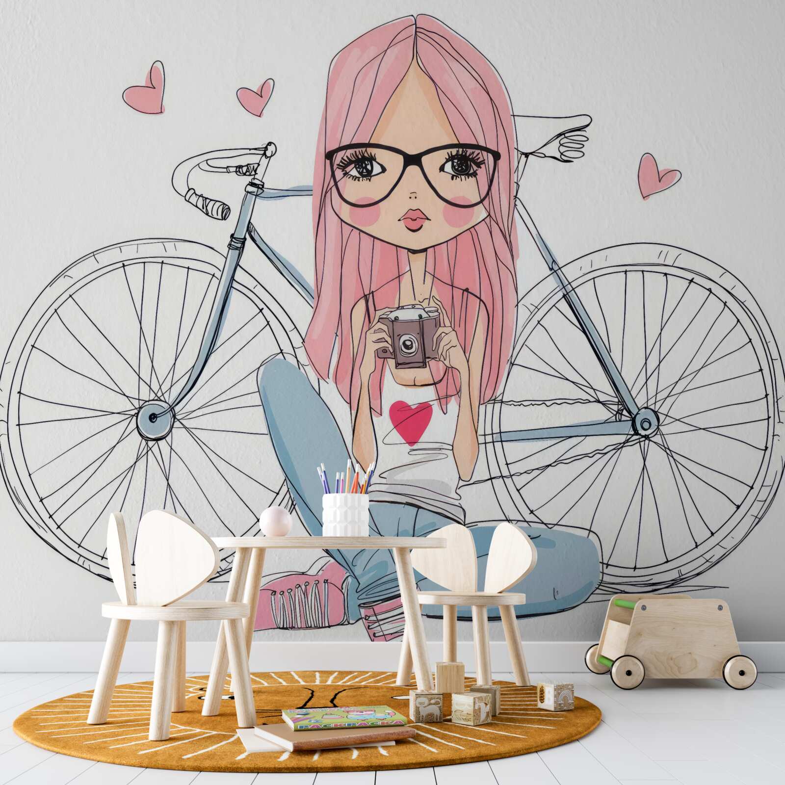 Carta da parati una ragazza con una macchina fotografica in mano era appoggiata a una bicicletta