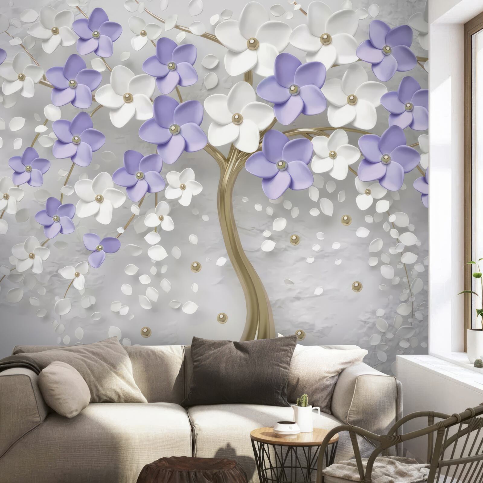 Carta da parati albero dorato decorato con fiori bianchi e lilla