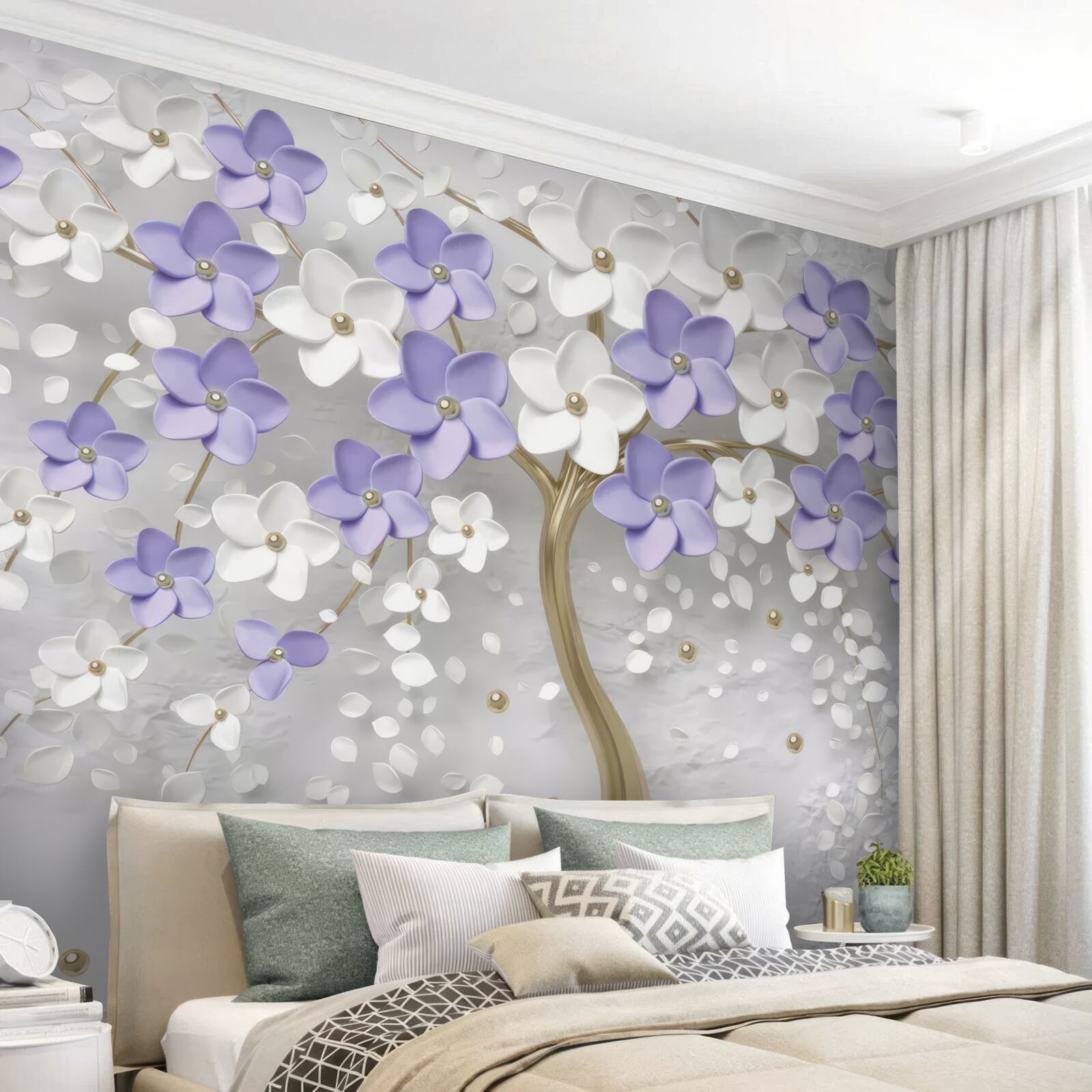 Carta da parati albero dorato decorato con fiori bianchi e lilla