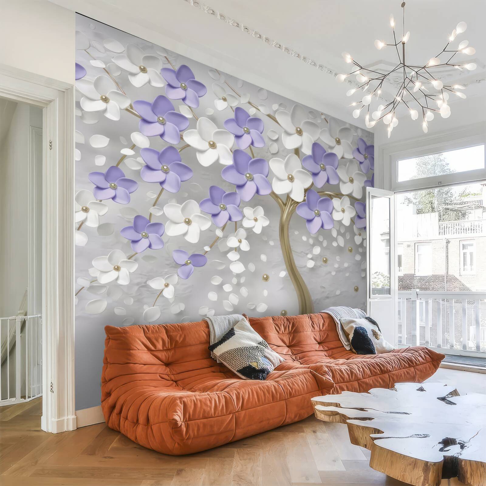 Carta da parati albero dorato decorato con fiori bianchi e lilla