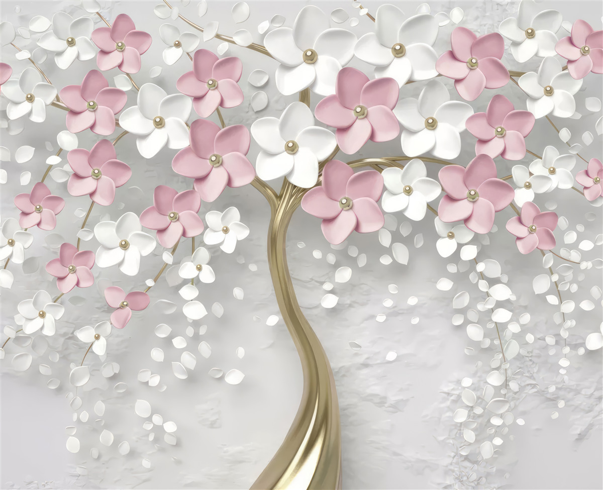 Carta da parati piccoli fiori bianchi e rosa su un albero con foglie dorate