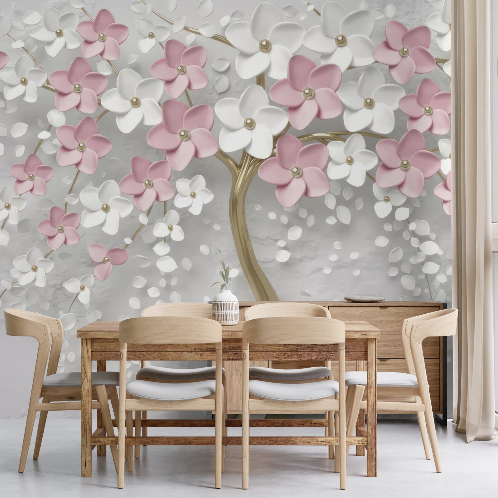 Carta da parati piccoli fiori bianchi e rosa su un albero con foglie dorate