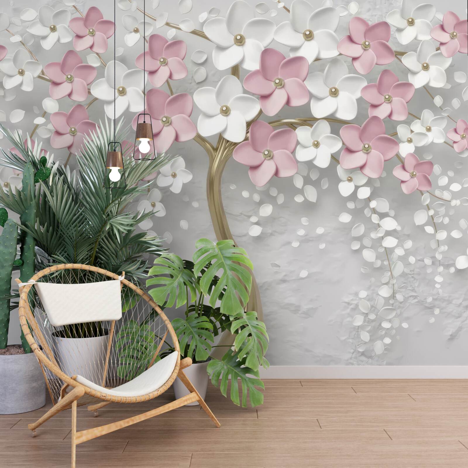 Carta da parati piccoli fiori bianchi e rosa su un albero con foglie dorate