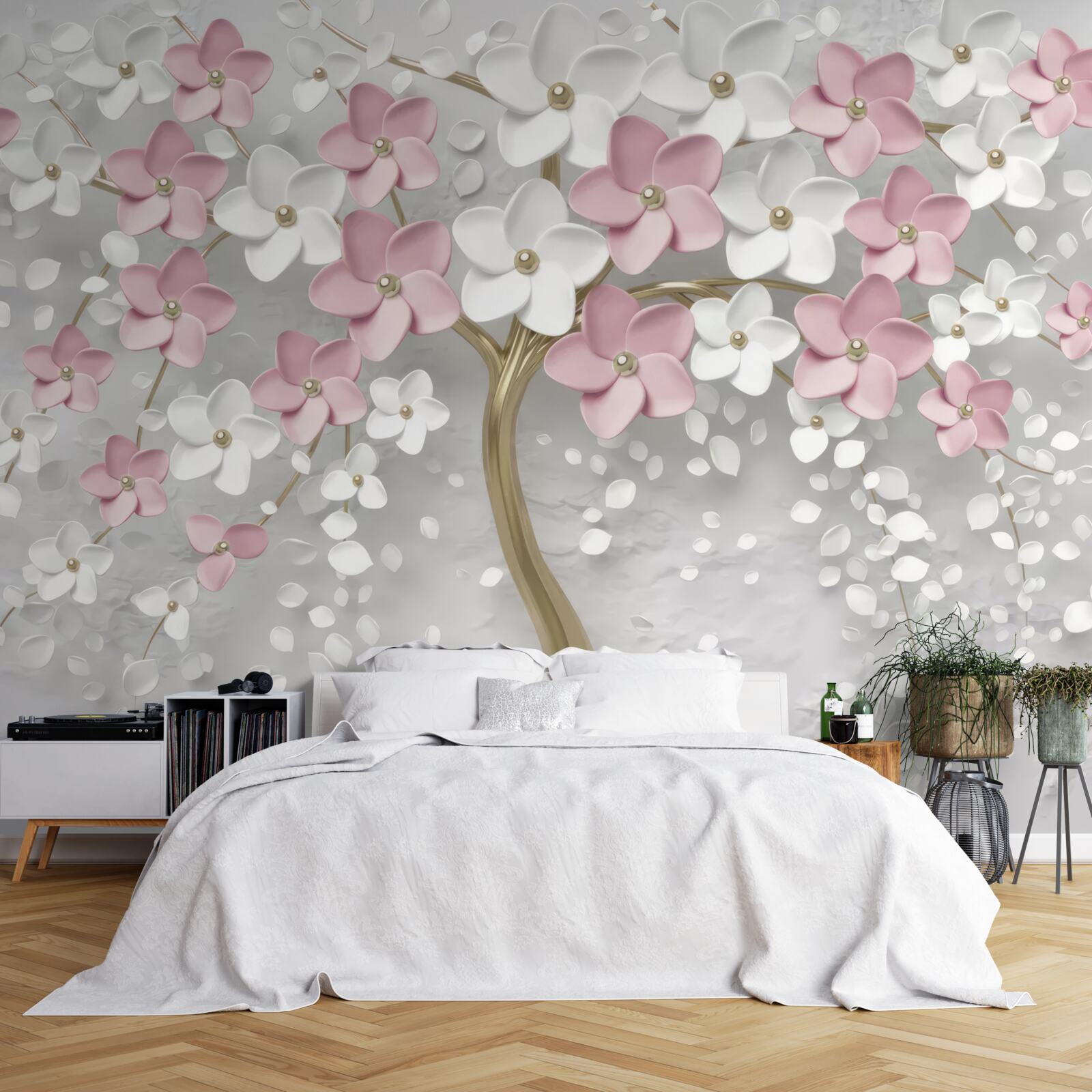 Carta da parati piccoli fiori bianchi e rosa su un albero con foglie dorate