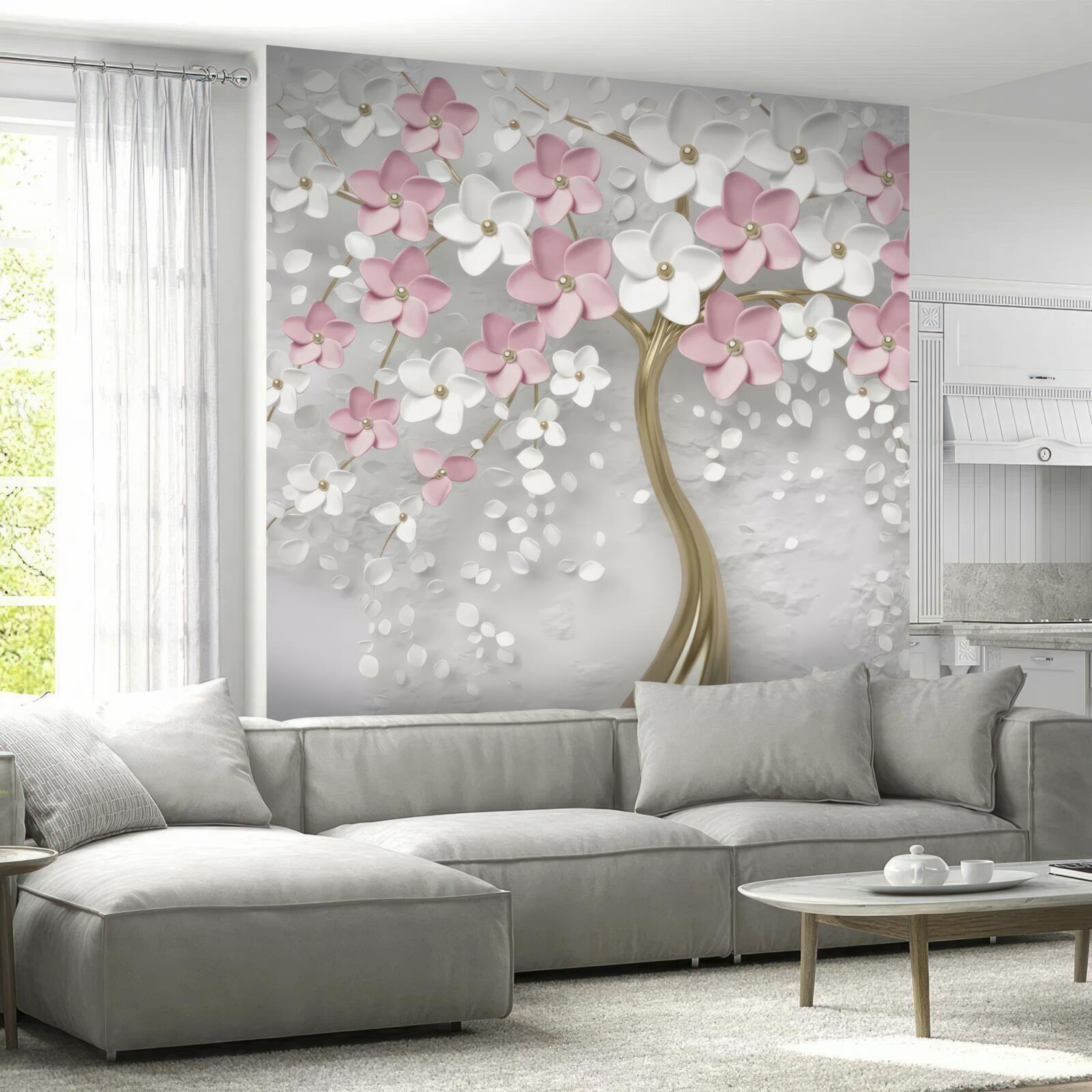 Carta da parati piccoli fiori bianchi e rosa su un albero con foglie dorate
