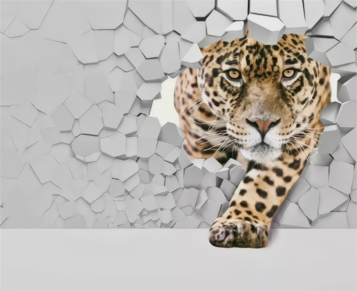 Carta da parati un leopardo emerge da un muro bianco
