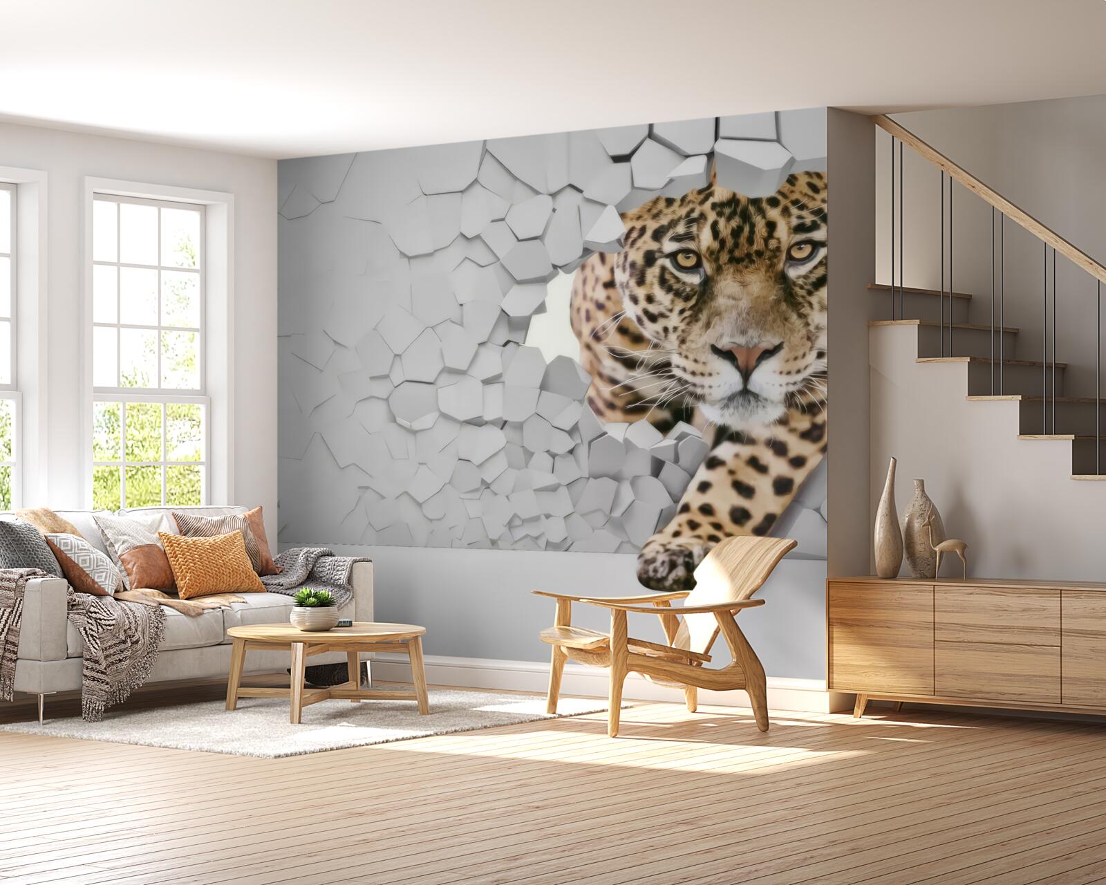 Carta da parati un leopardo emerge da un muro bianco