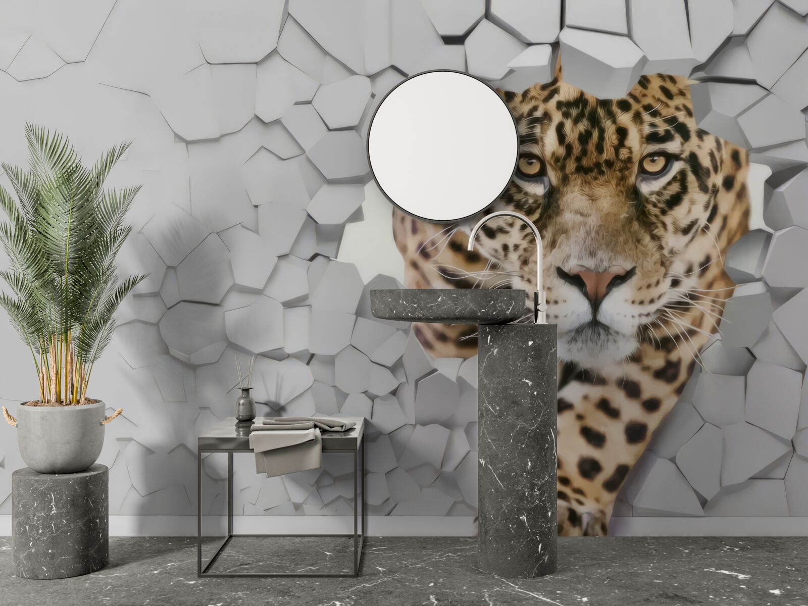 Carta da parati un leopardo emerge da un muro bianco