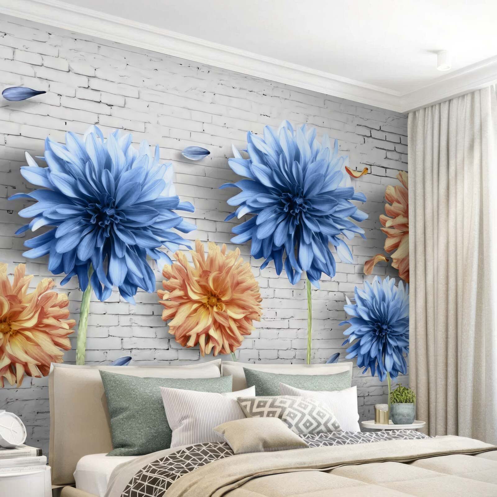Carta da parati Fiori nei toni del marrone e del blu su uno sfondo color mattone