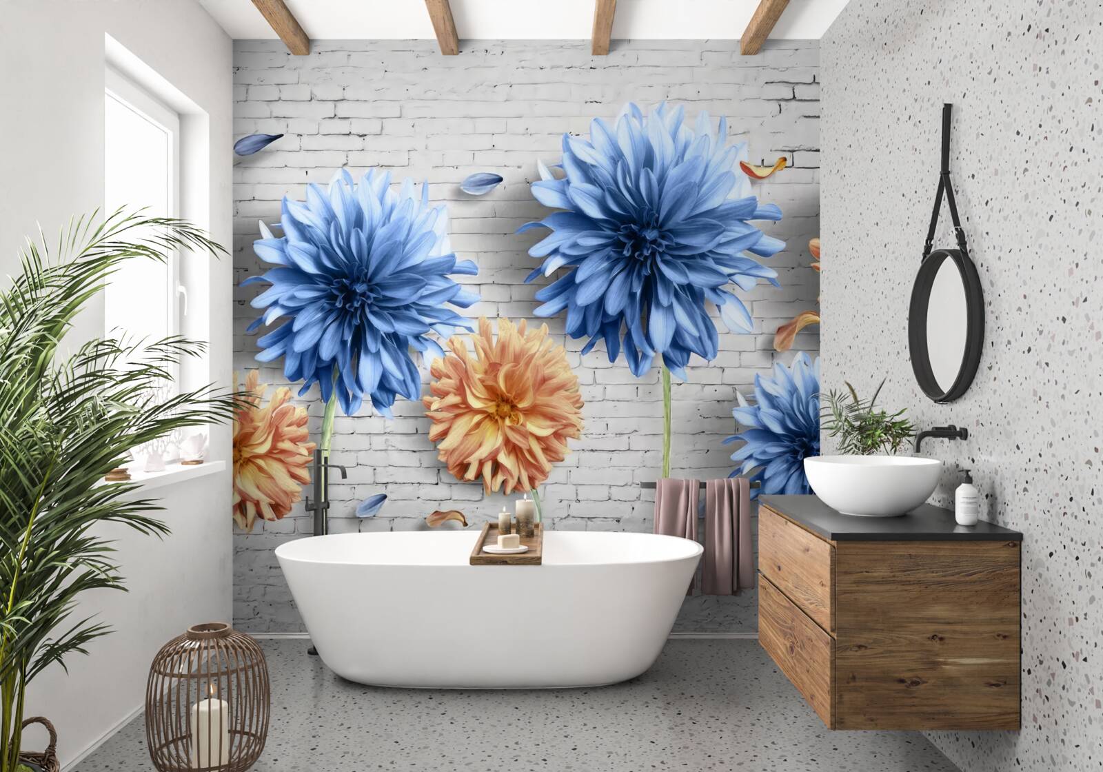 Carta da parati Fiori nei toni del marrone e del blu su uno sfondo color mattone