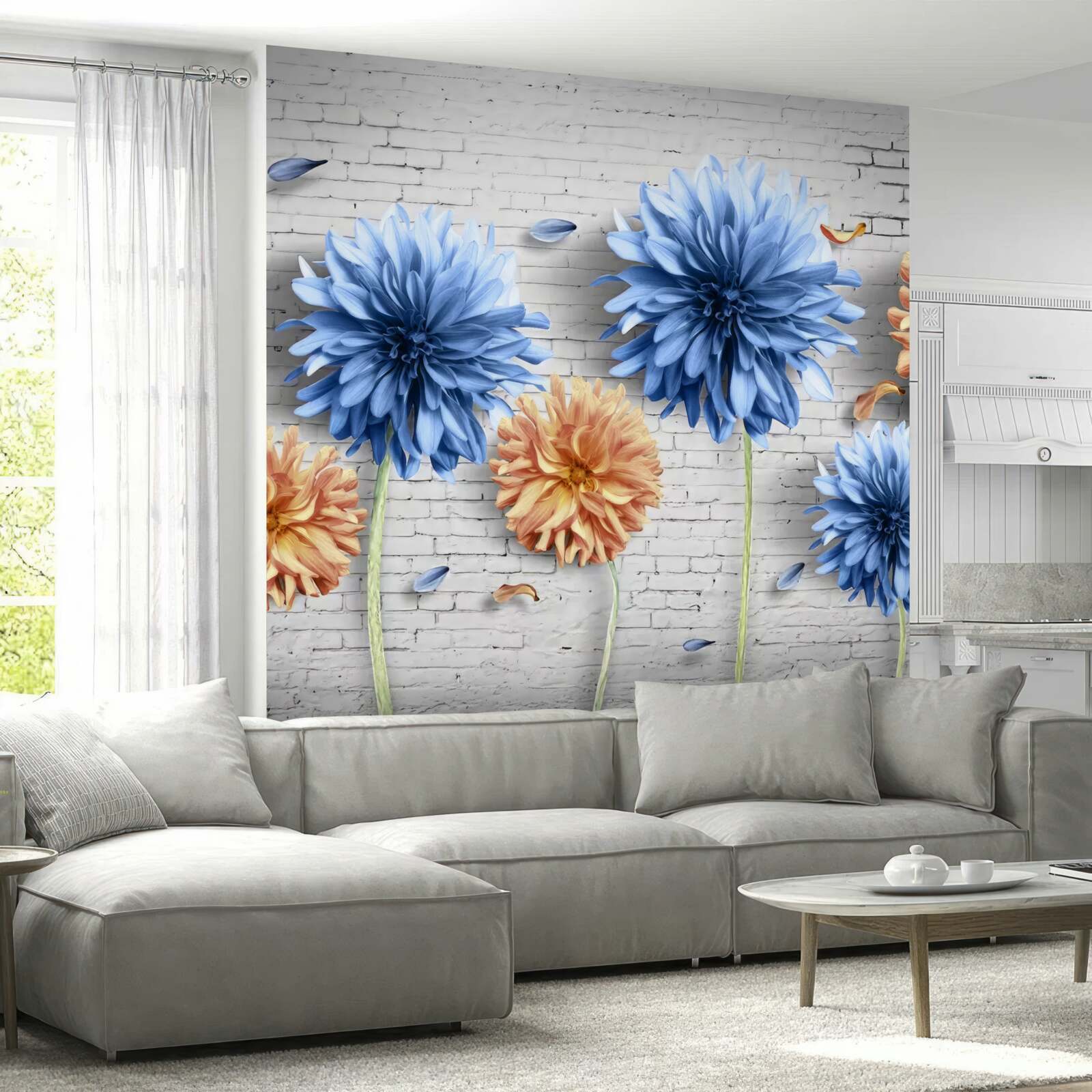 Carta da parati Fiori nei toni del marrone e del blu su uno sfondo color mattone
