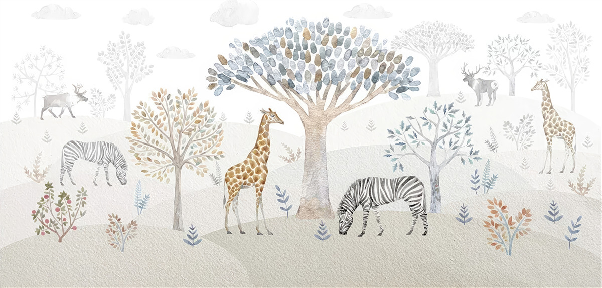Carta da parati la foresta ospita giraffe, zebre e cervi