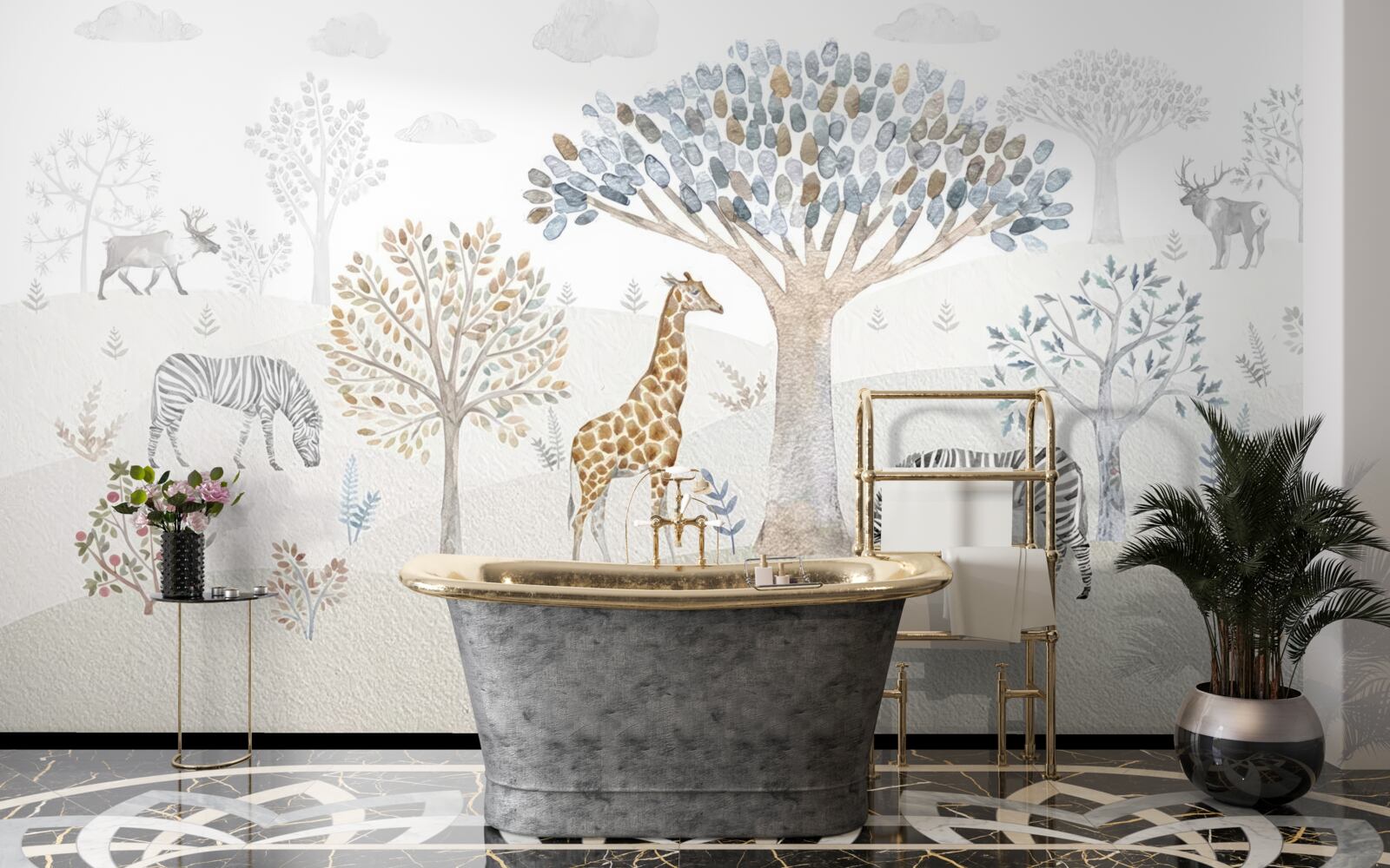 Carta da parati la foresta ospita giraffe, zebre e cervi
