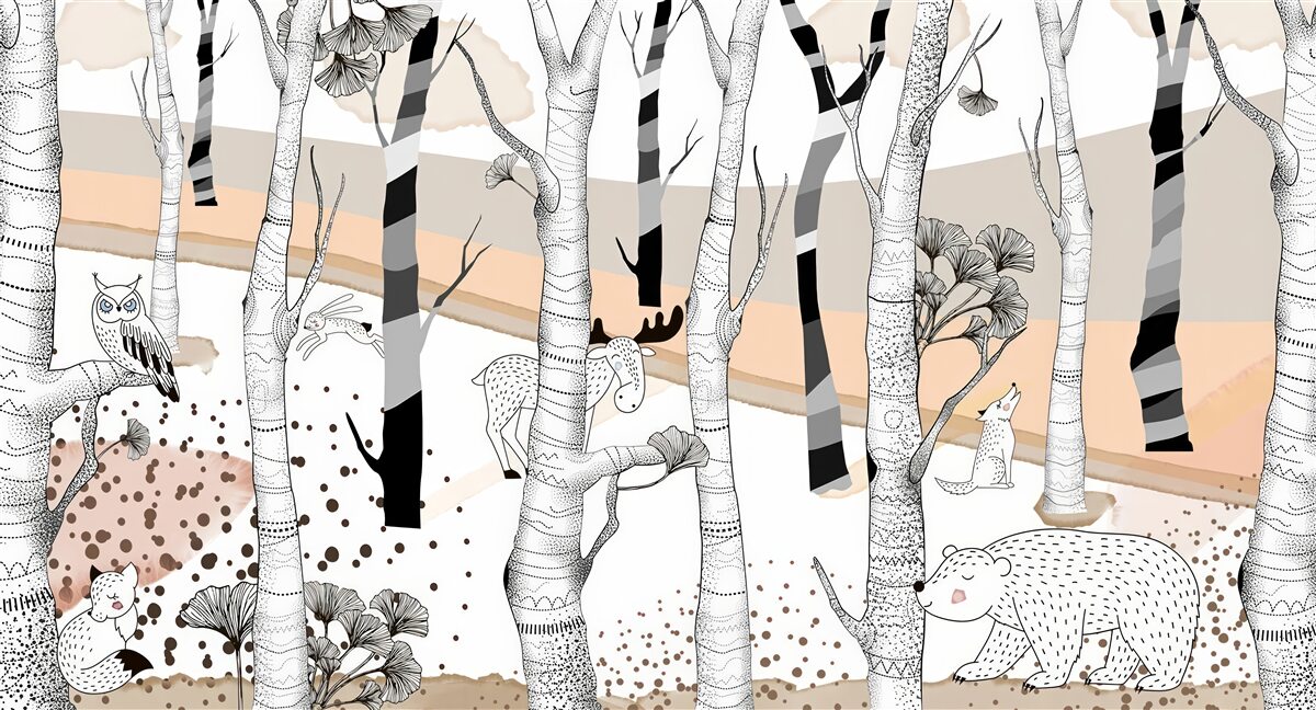 Carta da parati animali raffigurati tra gli alberi