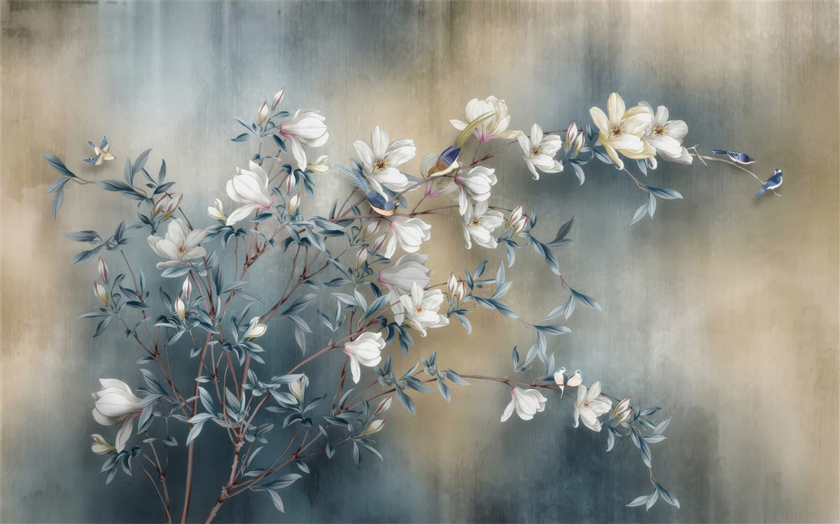 Carta da parati ramo ricoperto di fiori bianchi