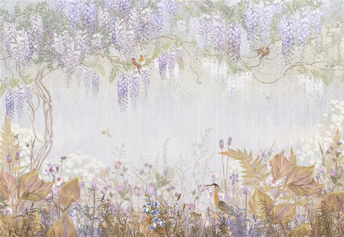 Carta da parati albero con uccelli e fiori viola
