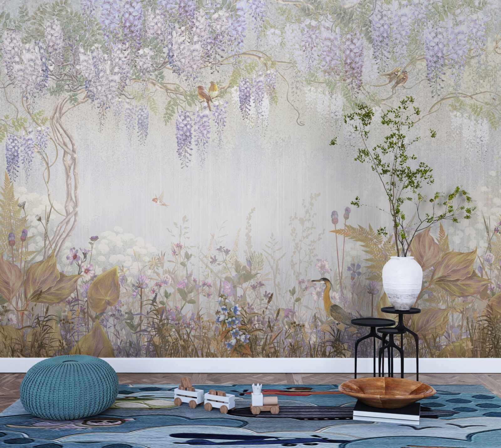 Carta da parati albero con uccelli e fiori viola