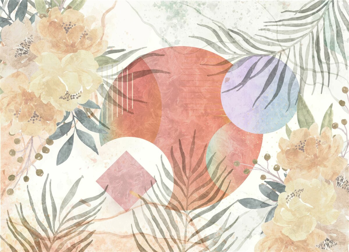 Carta da parati sfondo con vegetazione, fiori e forme geometriche