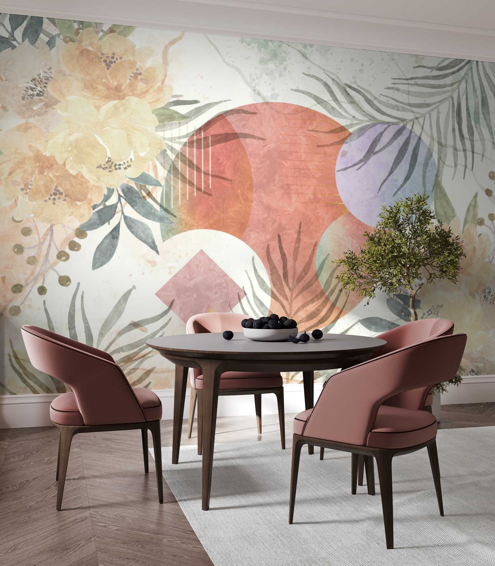 Carta da parati sfondo con vegetazione, fiori e forme geometriche