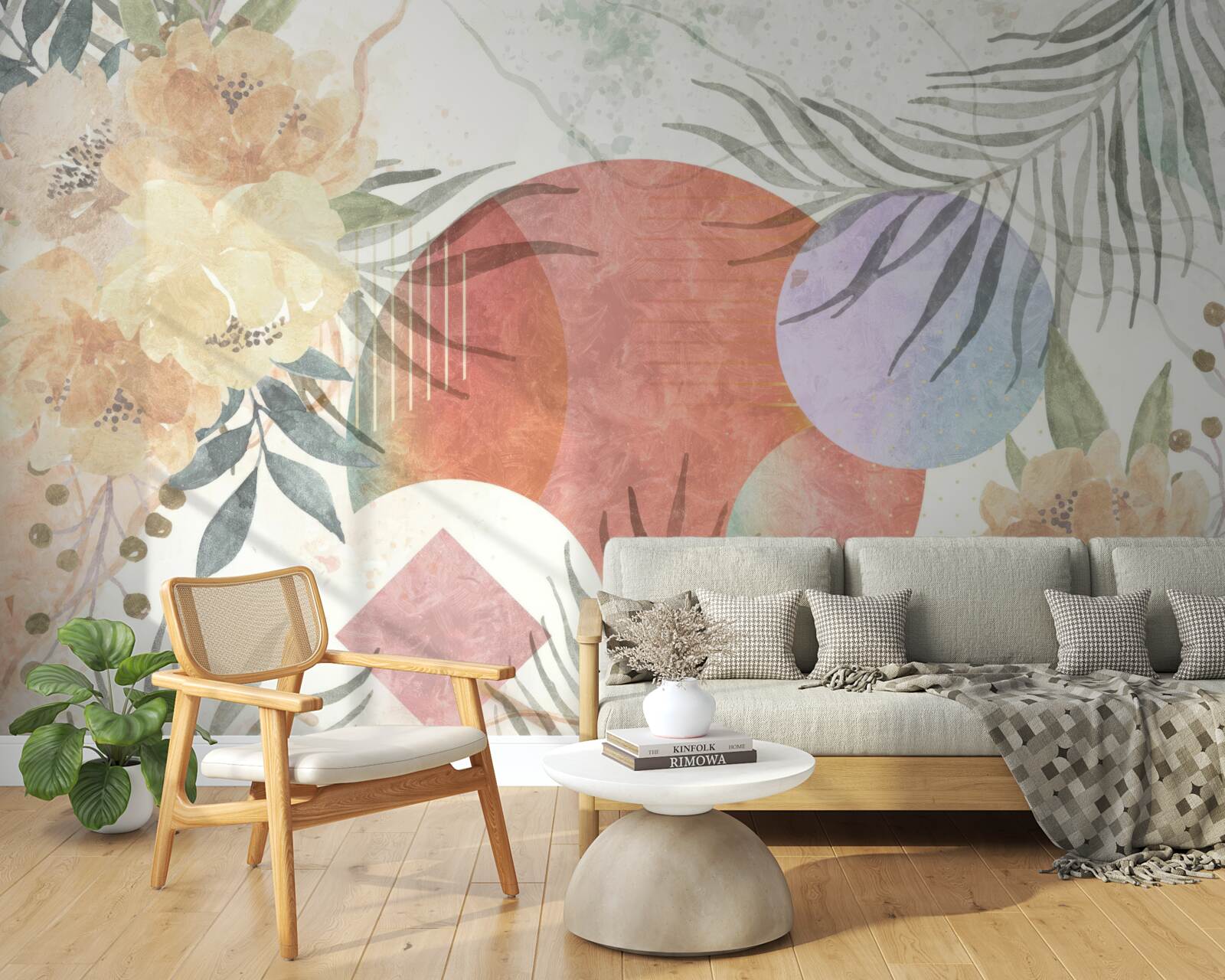 Carta da parati sfondo con vegetazione, fiori e forme geometriche