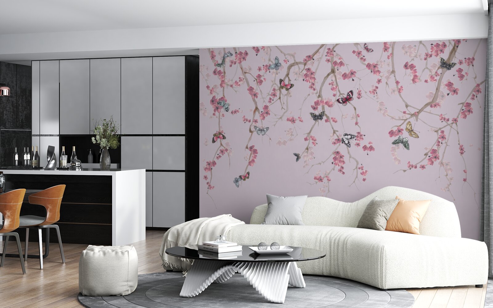 Carta da parati rami con fiori rosa e farfalle