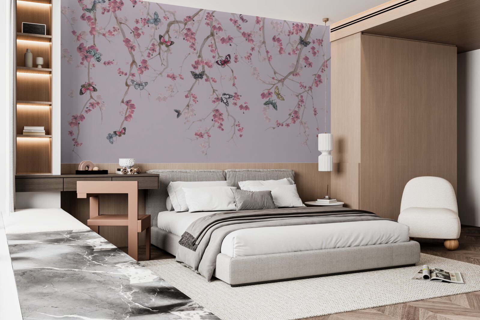 Carta da parati rami con fiori rosa e farfalle