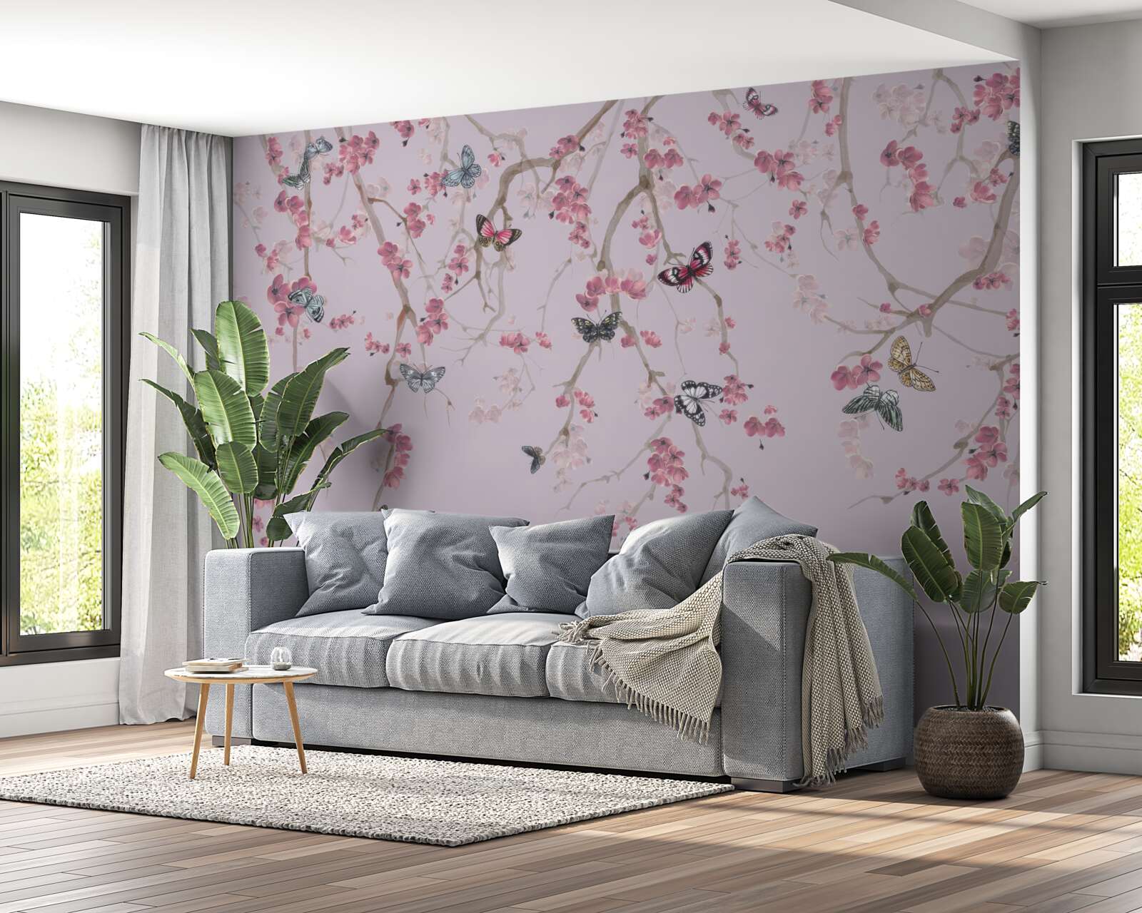 Carta da parati rami con fiori rosa e farfalle