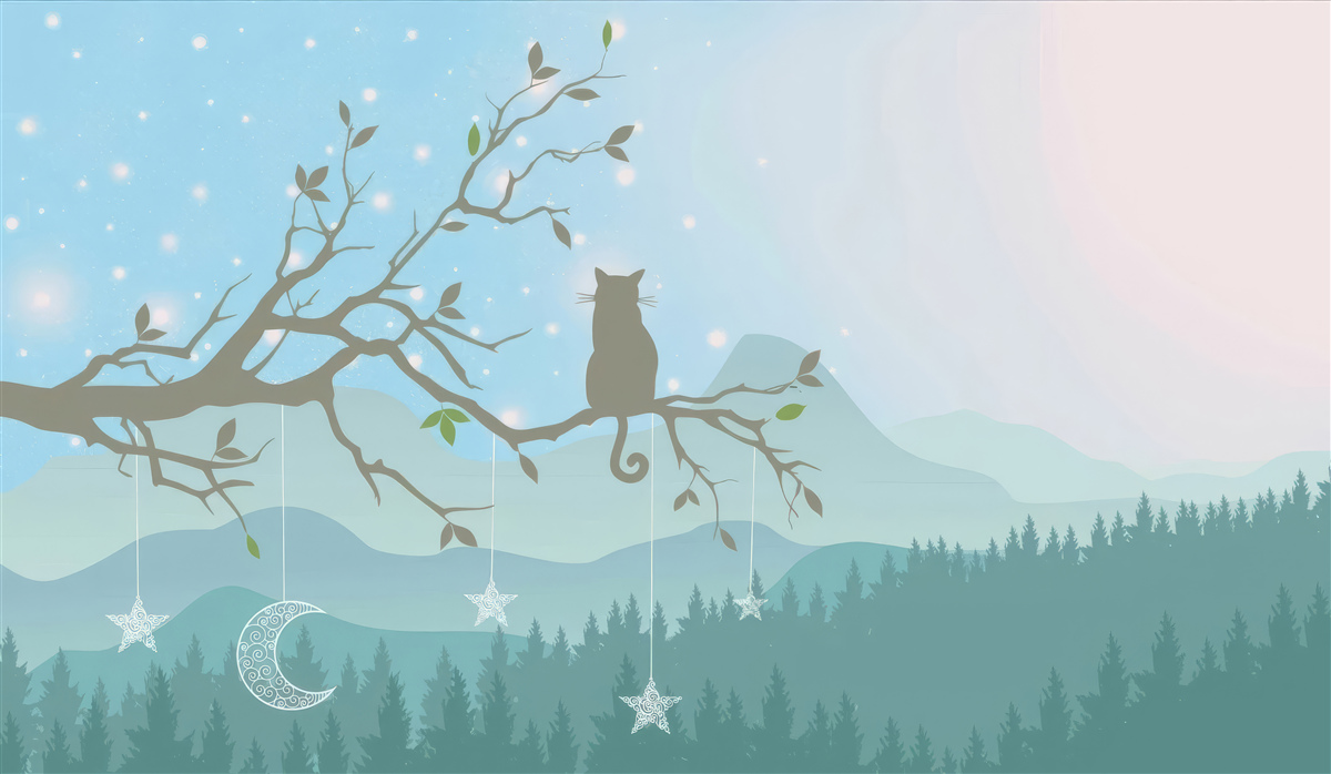Carta da parati un solo gattino seduto sul ramo di un albero