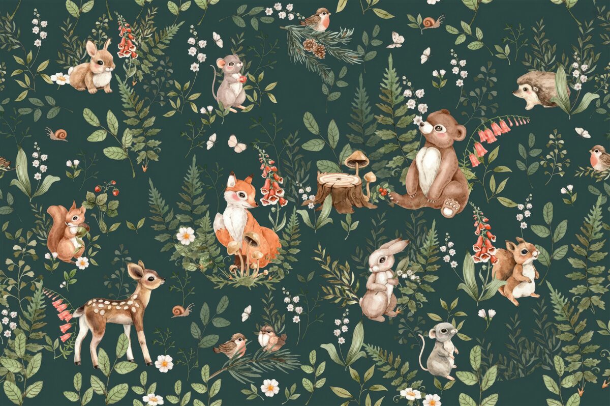 Carta da parati tra le foglie verdi ci sono vari animali