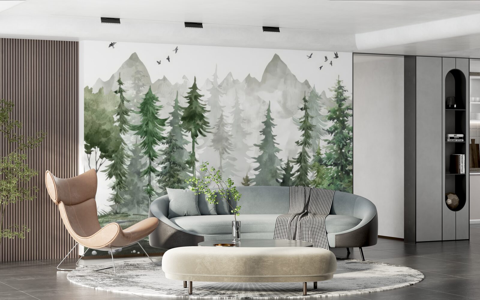 Carta da parati foresta e montagne dipinte ad acquerello
