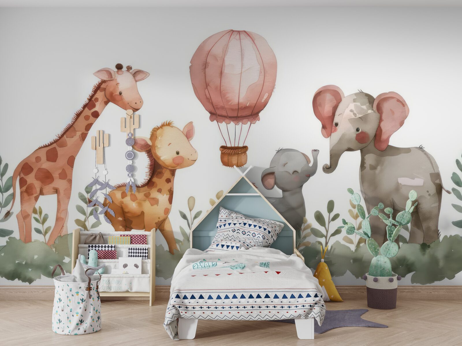 Carta da parati cuccioli di elefanti e giraffe