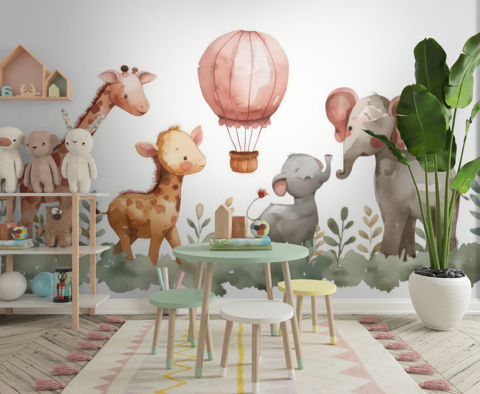 Carta da parati cuccioli di elefanti e giraffe