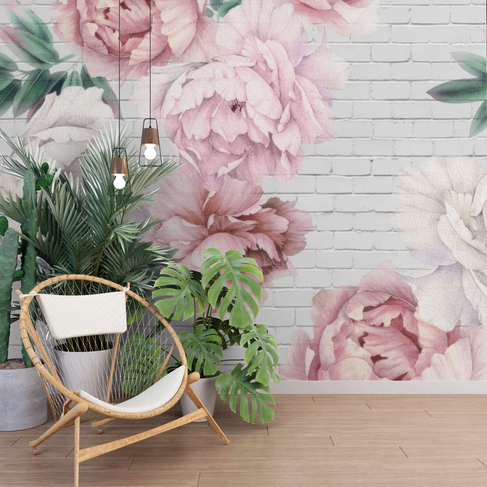 Carta da parati peonie a fiori bianchi e rosa