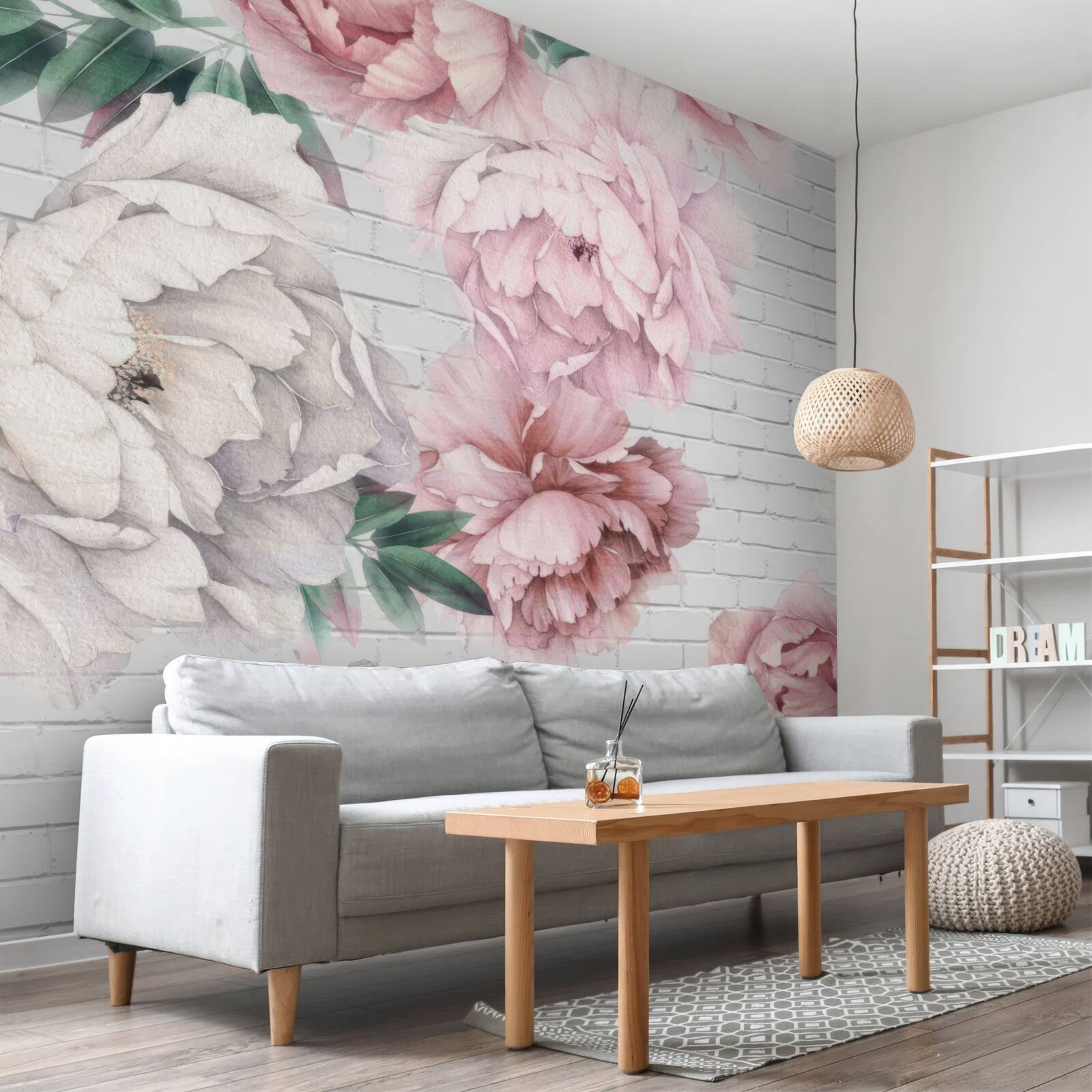 Carta da parati peonie a fiori bianchi e rosa
