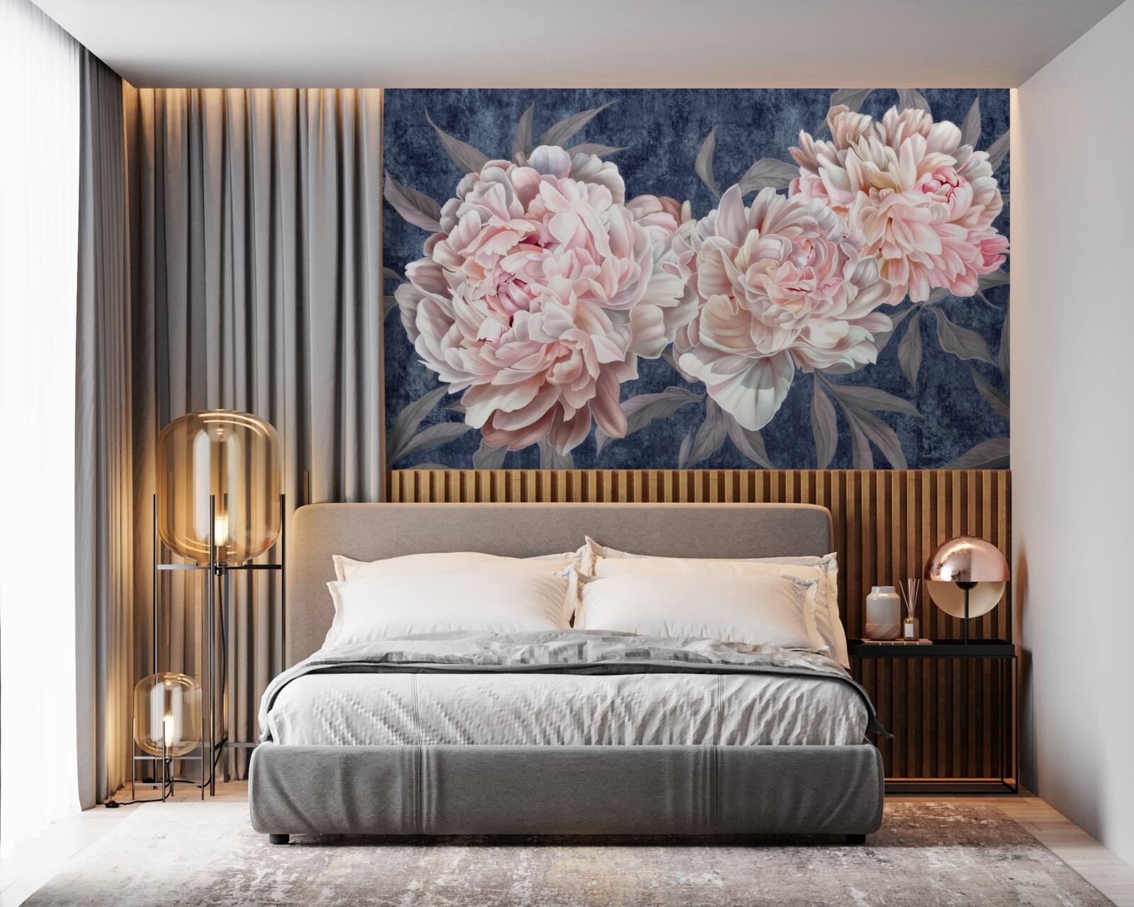 Carta da parati grandi peonie luminose su una superficie scura
