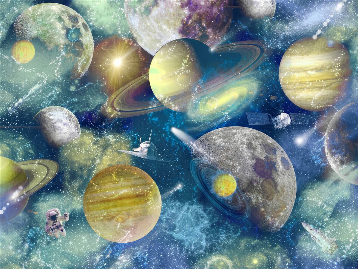 Carta da parati astronauta su uno sfondo di diversi pianeti nello spazio